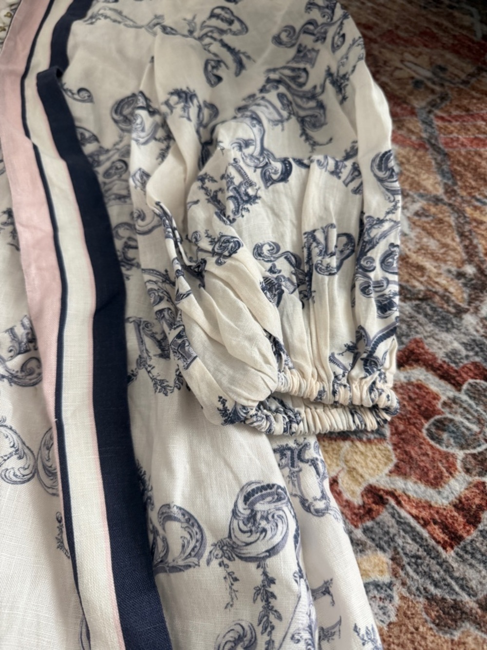 Zimmermann Cream Mini Dress with Navy Scroll Print and Striped Tie-Neck - Picture 9 of 11